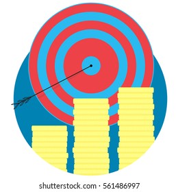 Financial success icon flat. Aim and target, golden coin of stack, vector illustration