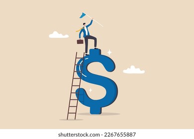 Financial success, income growth or business achievement, making money or profit, investment for financial freedom, opportunity, income concept, businessman winner holding flag climbing dollar sign.