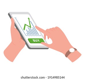 Financial success and internet trading concept. Hands holding smartphone with trading application vector flat illustration. Online trading, finances management service, stock platform.