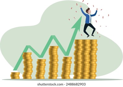 financial success in investing or saving, compound interest earnings or financial growth, concept of achieving financial goals and obtaining wealth, businessman celebrating on a stack of coins