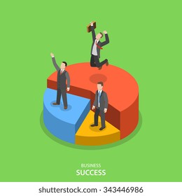 Financial success isometric flat vector concept. Happy businessmen are standing on their own pie chart section depending of their financial performance.