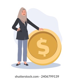  Financial Success and Leadership concept. Muslim Businesswoman Standing Near Big Golden Coin 