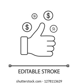 Financial success linear icon. Thumbs up with dollars. Thin line illustration. Good luck. Business deal. Contour symbol. Vector isolated outline drawing. Editable stroke