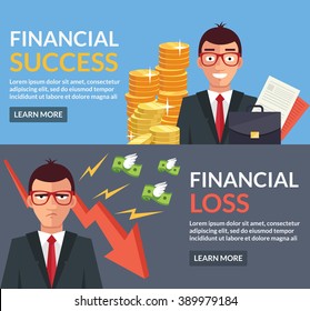 Financial success, financial loss. Vector flat illustration