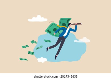 Financial success, make profit from investment opportunity, money management and wealth preservation concept, rich businessman flying with money banknote wings using telescope to see future vision.