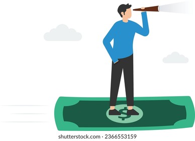 Financial success, Make profit from investment opportunity, Money management and wealth preservation, Flying with money banknote, Using telescope to see future vision

