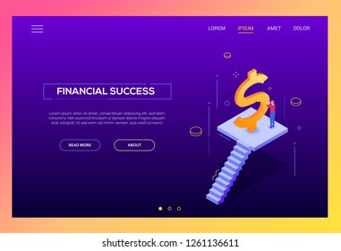 Financial success - modern isometric vector landing page template on purple background with copy space for text. Website header with businessman, manager standing on staircase carving a golden dollar