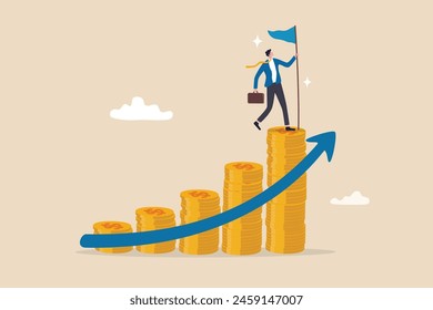 Financial success, profit or compound interest to grow investment fund and reach goal, income or wealth accumulation, stock market earning concept, businessman holding success flag on money stack.