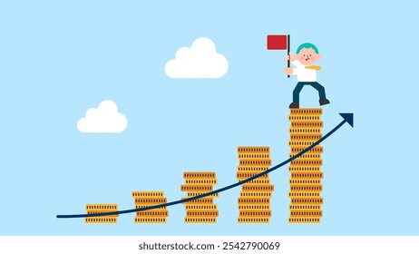 Sucesso financeiro, lucro ou juros compostos para aumentar o fundo de investimento e atingir o objetivo, renda ou acumulação de riqueza, conceito de ganho de mercado de ações, empresário segurando o sinalizador de sucesso na pilha de dinheiro.