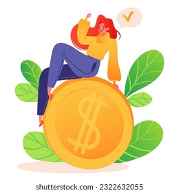 Financial success, profitable investments, rise in career or an increase salary. Satisfied smiling girl sitting on top of large gold coin with dollar symbol, one hand shows gest "Ok"