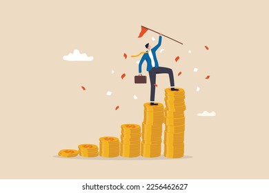 Financial success, reaching financial freedom, money achievement or earning profit or savings or investment goal concept, success businessman holding winning flag on top of money coins stack.