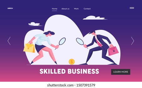 Financial Success Research and Banking Website Landing Page. Business People Looking on Golden Dollar Coin Lying on Ground through Magnifier Glass Web Page Banner. Cartoon Flat Vector Illustration