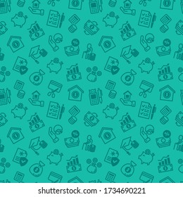 Financial success seamless pattern: track expenses, budget, emergency fund, credit card, home ownership, invest, retire, financial hygiene, health insurance. Thin line icons. Vector illustration.