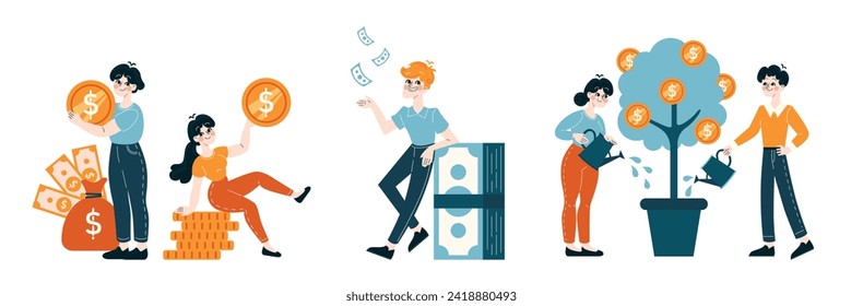 Financial Success set. Individuals cultivating wealth, from savings accumulation to investment growth. Celebrating earnings and nurturing fiscal health. Flat vector illustration