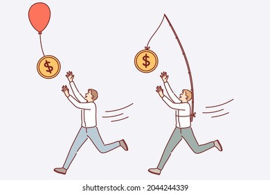 Financial success and wealth concept. Young smiling businessmen cartoon characters running trying to catch flying dollar coins money on balloons and stick vector illustration 