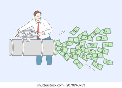 Financial success and wealth concept. Young smiling businessman standing and blowing heaps of cash money dollars from tube vector illustration 