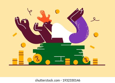 Financial success, wealth, money concept. Happy rich guy cartoon character lying on heap of cash and coins demonstrating financial success vector illustration