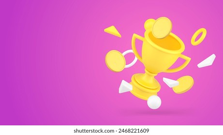 Financial success win achievement golden coin flying victory cup award 3d icon realistic vector illustration. Business profit goal reward leadership ambitious finance target trophy celebration