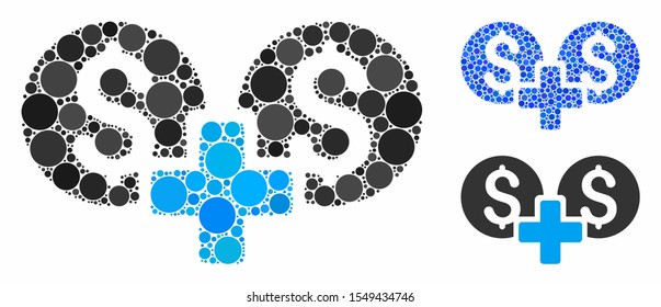Financial sum composition of circle elements in different sizes and color hues, based on financial sum icon. Vector round elements are composed into blue composition.