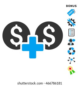 Financial Sum icon with bonus pictograms. Vector illustration style is flat iconic bicolor symbols, blue and gray colors, white background, rounded angles.