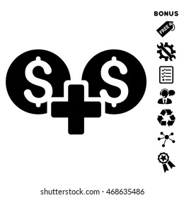 Financial Sum icon with bonus pictograms. Vector illustration style is flat iconic symbols, black color, white background, rounded angles.