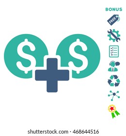 Financial Sum icon with bonus pictograms. Vector illustration style is flat iconic bicolor symbols, cobalt and cyan colors, white background, rounded angles.