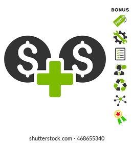 Financial Sum icon with bonus pictograms. Vector illustration style is flat iconic bicolor symbols, eco green and gray colors, white background, rounded angles.