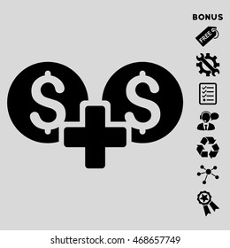 Financial Sum icon with bonus pictograms. Vector illustration style is flat iconic symbols, black color, light gray background, rounded angles.