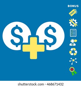 Financial Sum icon with bonus pictograms. Vector illustration style is flat iconic bicolor symbols, yellow and white colors, blue background, rounded angles.