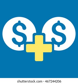 Financial Sum icon. Vector style is bicolor flat iconic symbol with rounded angles, yellow and white colors, blue background.