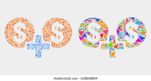 Financial sum mosaic icon of triangle elements which have different sizes and shapes and colors. Geometric abstract vector illustration of financial sum.