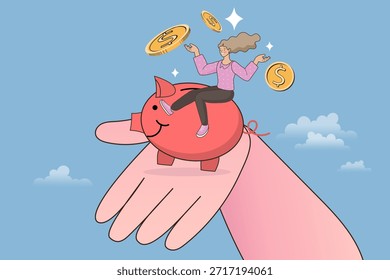Concepto de Asistencia financiera y atención bancaria. Mano humana gigante que sostiene la hucha rosada con la mujer feliz que se sienta y que lanza las monedas del dólar del oro. Ilustración vectorial para el servicio de préstamos y seguridad patrimonial.