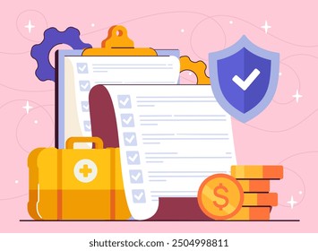 Financial support concept. Gold coins near document and shield. Investing and trading, budget. Business strategy. Benefits for Economy. Flat vector illustration isolated on pink background