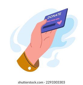 Financial support and donation, charity and help for people in need. Isolated hand with card and logotype of organization. Assistance for poor and homeless. Vector in flat style illustration