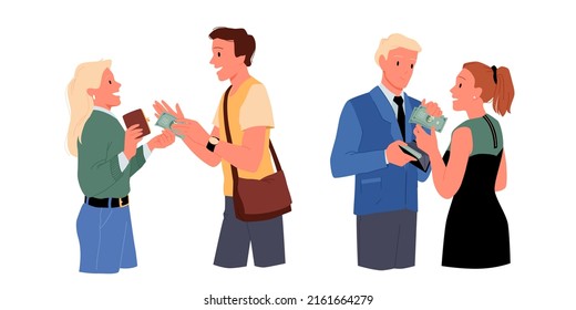 Financial support in family set vector illustration. Cartoon husband or wife giving money gift to partner, man and woman holding cash currency isolated on white. Alimony, salary, budget concept