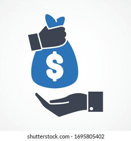 Financial Support Icon. Pictograph Of Money In Hand. Bag Of Cash Giving. Charity, Donation, Funding Icon. Financial Assistance, Help, Support, Grant Loans Icon 