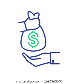 Financial Support Icon. Pictograph Of Money In Hand. Bag Of Cash Giving. Charity, Donation, Funding Icon. Financial Assistance, Help, Support, Grant Loans Icon 