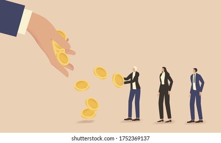 Financial support for small businesses. Businessmen stand in line for money. The concept of investing, material support during the crisis, grants for business development. Vector stock illustration.