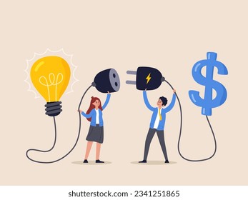 Financial support for startup concept. Venture capital or and entrepreneur company, make money idea or idea pitching for fund raising, businessman and woman connect lightbulb with money dollar sign.