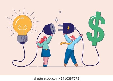 Apoyo financiero para el concepto de inicio. Capital de riesgo o empresa de emprendedores, hacer idea de dinero o tramar ideas para recaudar fondos, hombre de negocios y mujer conectan bombilla de luz con signo de dólar.