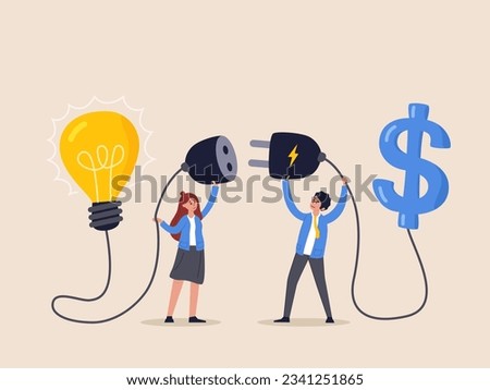Financial support for startup concept. Venture capital or and entrepreneur company, make money idea or idea pitching for fund raising, businessman and woman connect lightbulb with money dollar sign.