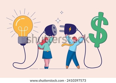 Financial support for startup concept. Venture capital or and entrepreneur company, make money idea or idea pitching for fund raising, businessman and woman connect lightbulb with money dollar sign.