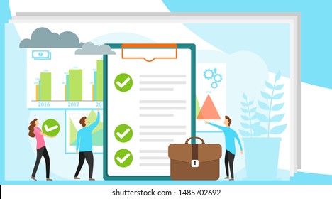 Financial survey, financial reporting. Mini people go through a financial survey. A man and a woman are considering financial indicators. Vector illustration, vector.