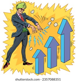 Financial swindlers and sorcerers. Manipulations with stocks and investments. A man in a turban and a suit affects the growth of the graph. Pop Art Retro Vector Illustration Kitsch Vintage 50s 60s