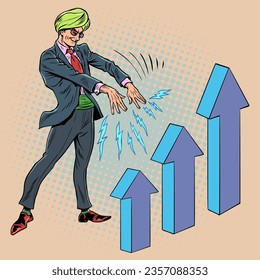 Financial swindlers and sorcerers. Manipulations with stocks and investments. A man in a turban and a suit affects the growth of the graph. Pop Art Retro Vector Illustration Kitsch Vintage 50s 60s