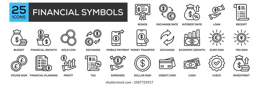 Financial Symbols icon collection set. Containing design Bonds, Exchange Rate, Interest Rate, Loan, Receipt