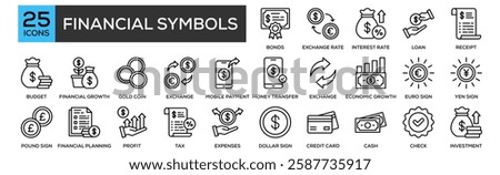 Financial Symbols icon collection set. Containing design Bonds, Exchange Rate, Interest Rate, Loan, Receipt