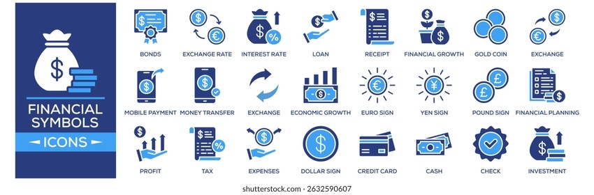 Financial Symbols icon set. Containing design Bonds, Exchange Rate, Interest Rate, Loan, Receipt. Solid icon collection.