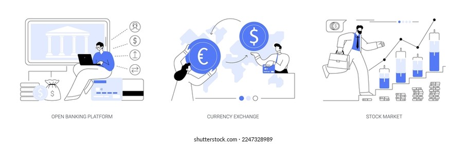 Financial system abstract concept vector illustration set. Open banking platform, currency exchange, stock market index, forex broker, digital transformation, global investment abstract metaphor.