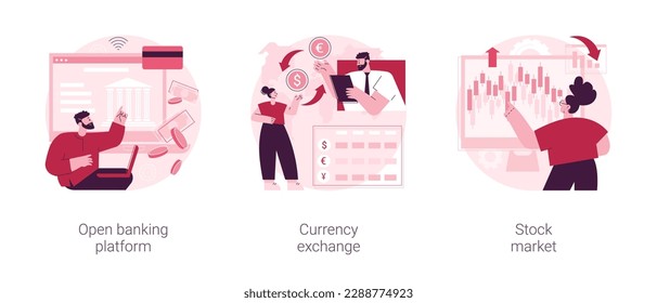 Financial system abstract concept vector illustration set. Open banking platform, currency exchange, stock market index, forex broker, digital transformation, global investment abstract metaphor.